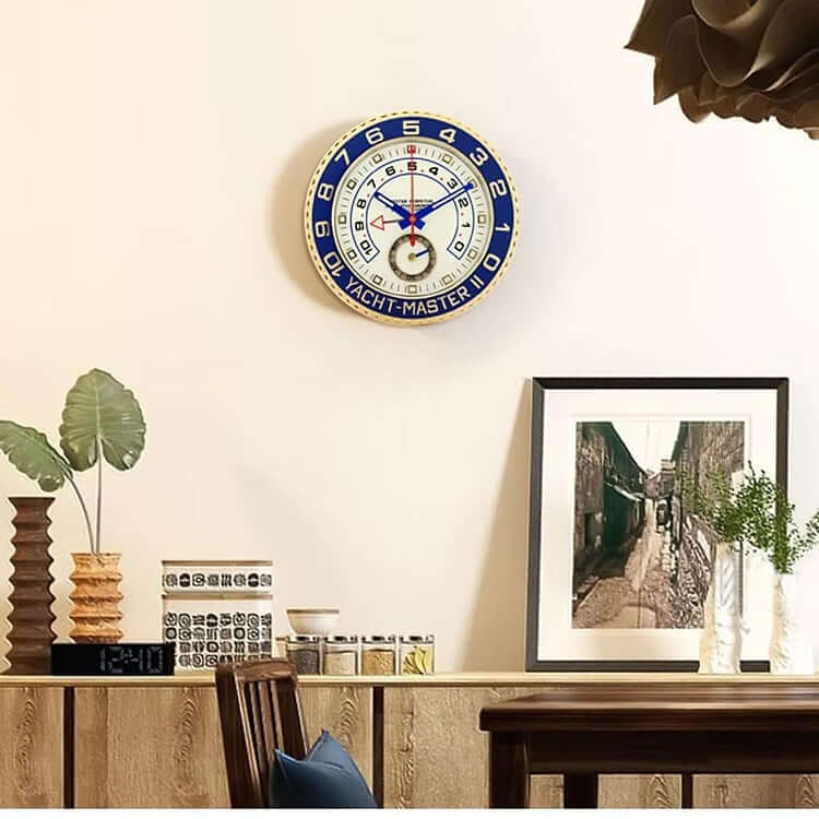 Inspired Wall Clock Yacht-Master II Gold & Blue For Sailing and Luxury Lovers