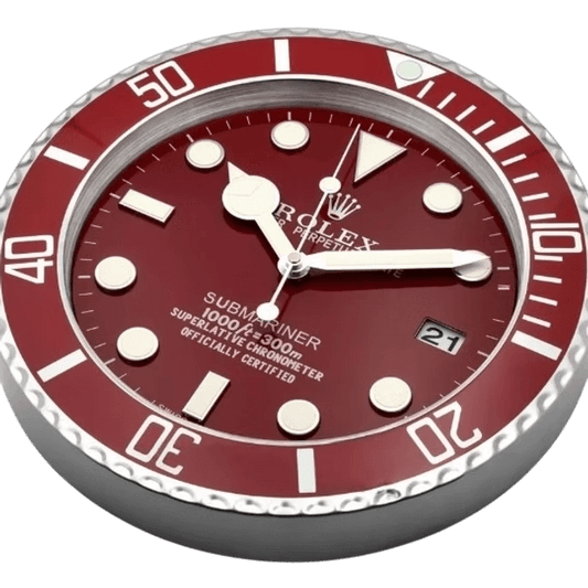 Horloge Murale Rouge Rolex Submariner - Élégance et Précision Maritime - Passeport Cases