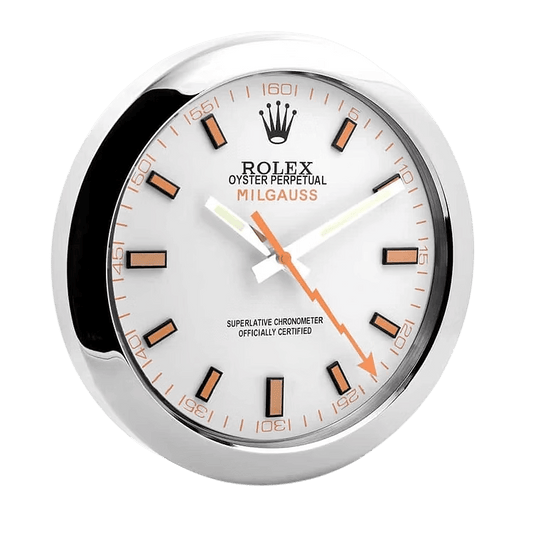 Horloge Murale Rolex Milgauss : Élégance Moderne Blanche et Orange - Passeport Cases
