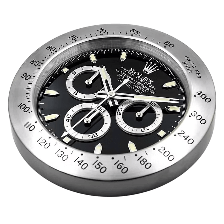 Horloge Murale de Luxe Rolex Daytona Argent et Noir - Élégance et Précision - Passeport Cases