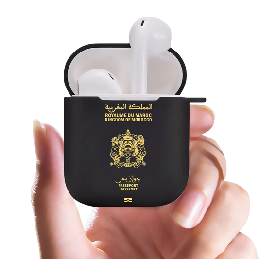 Coque AirPods Maroc – Noir avec logo passeport