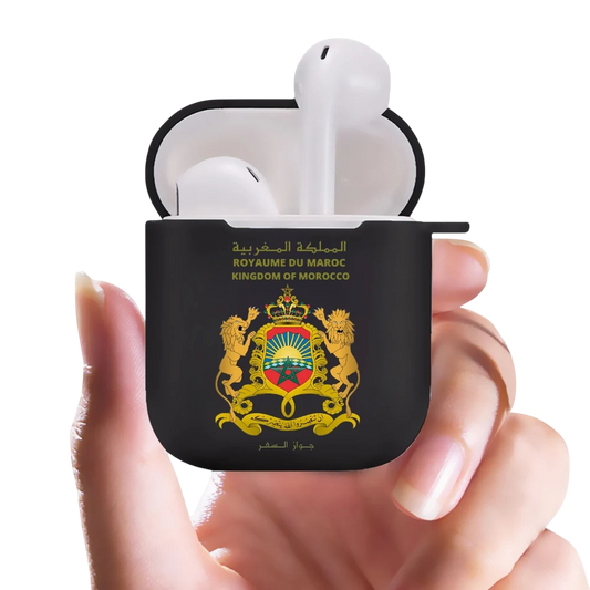 Coque AirPods Maroc – Noir avec logo passeport