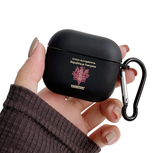 Coque AirPods France – Noir avec logo passeport