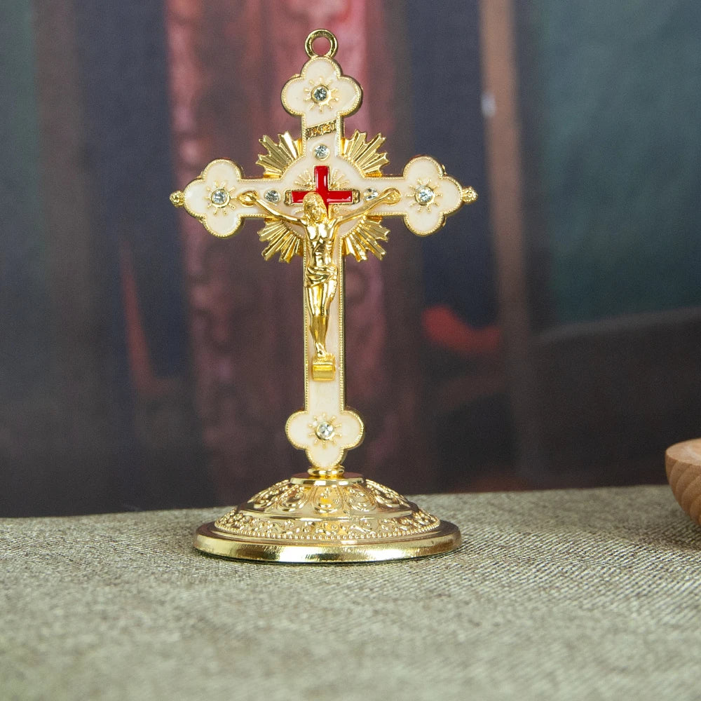 ✝️ Croix Religieuse Plaquée Or – Décoration Chrétienne avec Support 🕊️