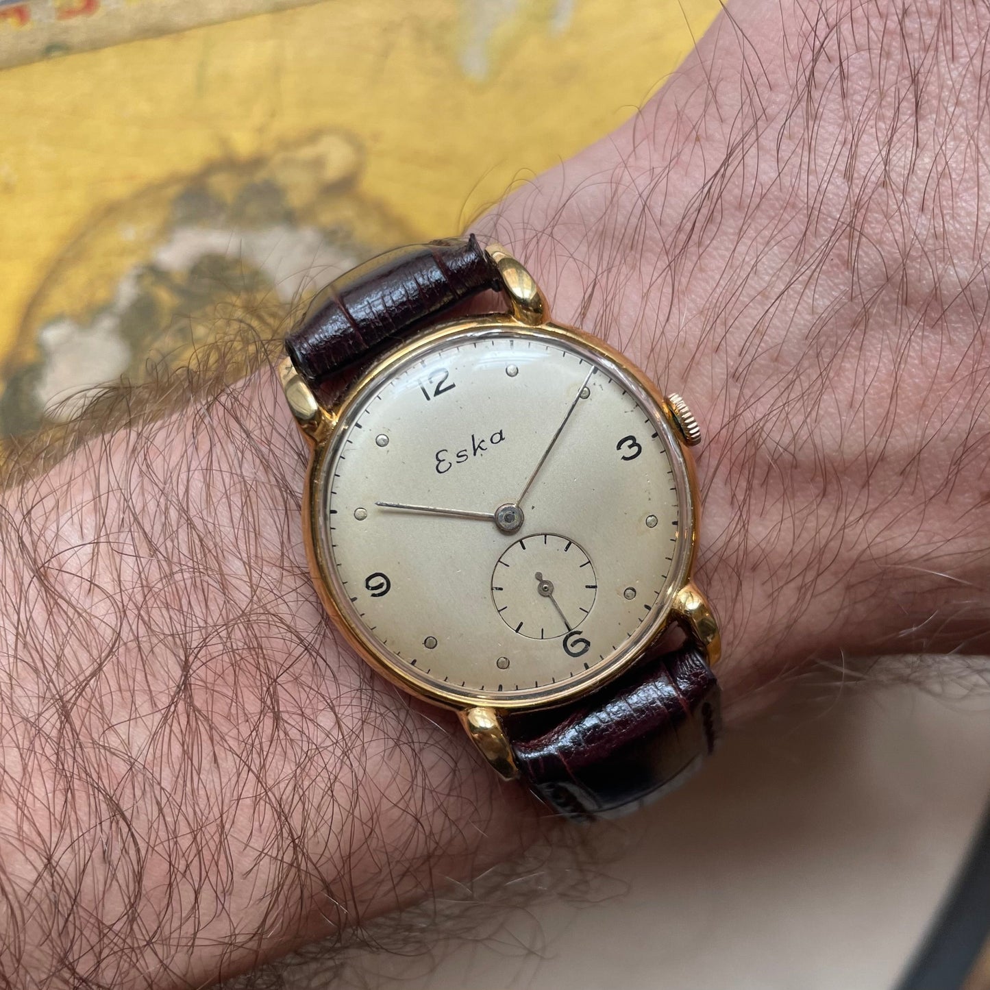 Vintage Eska Watch από τη δεκαετία του 1950 σε χρυσό χάλυβα με σαμπάνια και καφέ δερμάτινο βραχιόλι κροκοδείλου