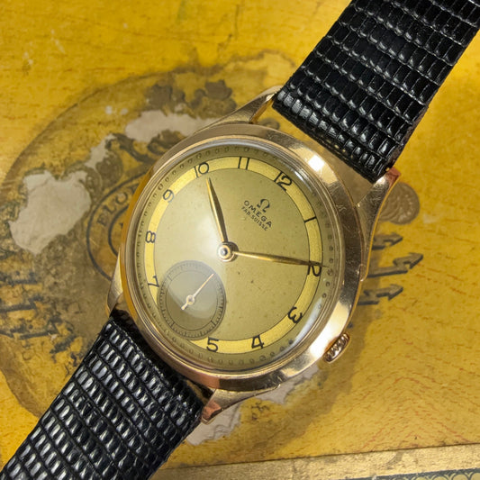 Omega Calatrava 18K altın, 1950 civarında vintage, şampanya kadranı, manuel hareket kalibre 360