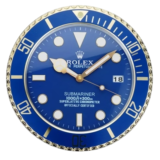 Horloge Murale de Luxe Bleu et Or - Inspirée de la Rolex Submariner - Passeport Cases