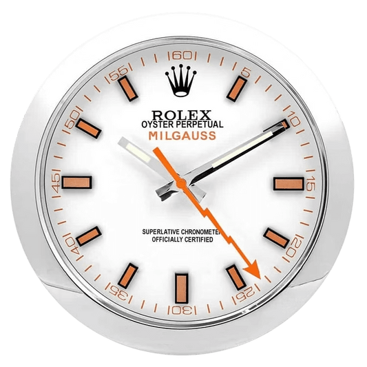 Rolex Milgauss wall clock: modern white and orange elegance