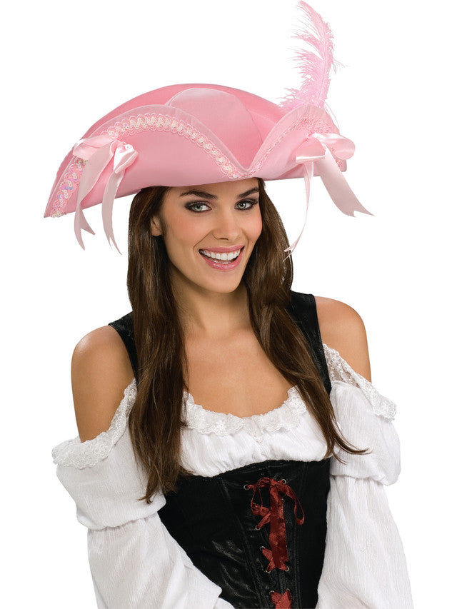 Chapeau de Pirate Rose Deluxe avec Plumes et Rubans