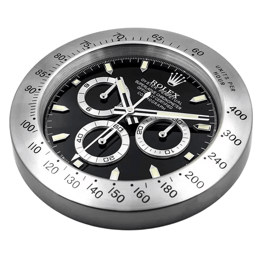 Horloge Murale de Luxe Rolex Daytona Argent et Noir - Élégance et Précision - Passeport Cases