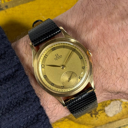 Omega Calatrava 18K altın, 1950 civarında vintage, şampanya kadranı, manuel hareket kalibre 360