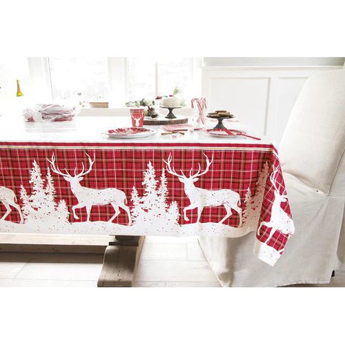 Nappe de Noël en Plaid Rouge et Vert avec Cerfs