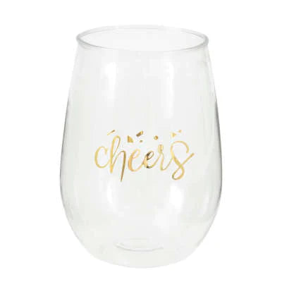 Gold Cheers Plastic Stemless Wine Glass 15 Oz