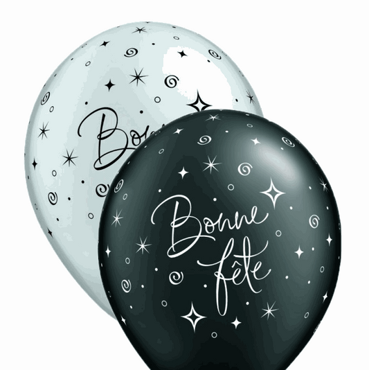 Ballons B.11'' Bonne Fête Tourbillons Argent/Noir