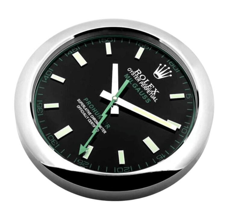 Luxury wall clock inspired by the Rolex Milgauss watch