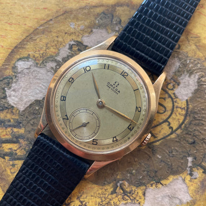 Omega Calatrava 18K altın, 1950 civarında vintage, şampanya kadranı, manuel hareket kalibre 360