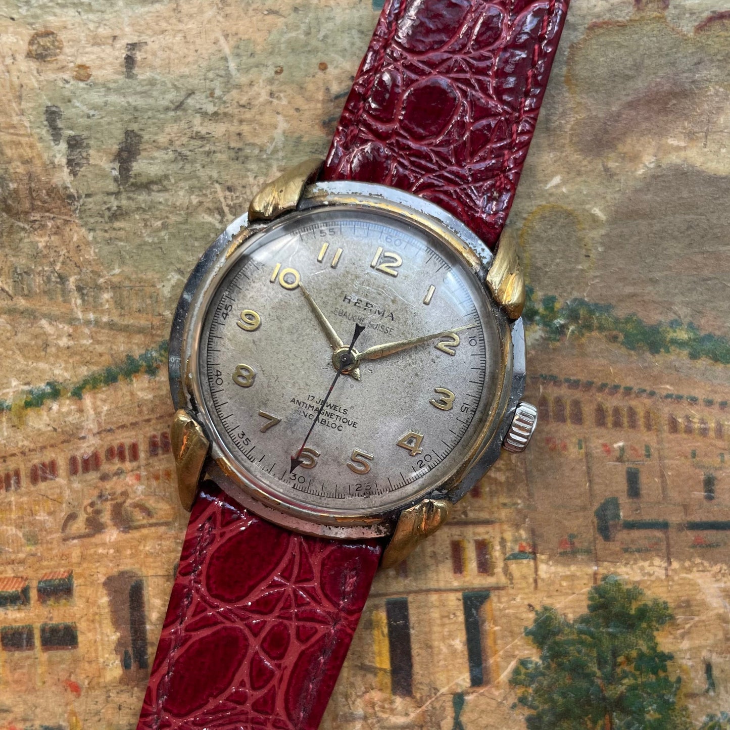 Vintage Herma Watch aus den 1950er Jahren in Stahl mit goldenen Hörnern und Krokodil -Lederarmband