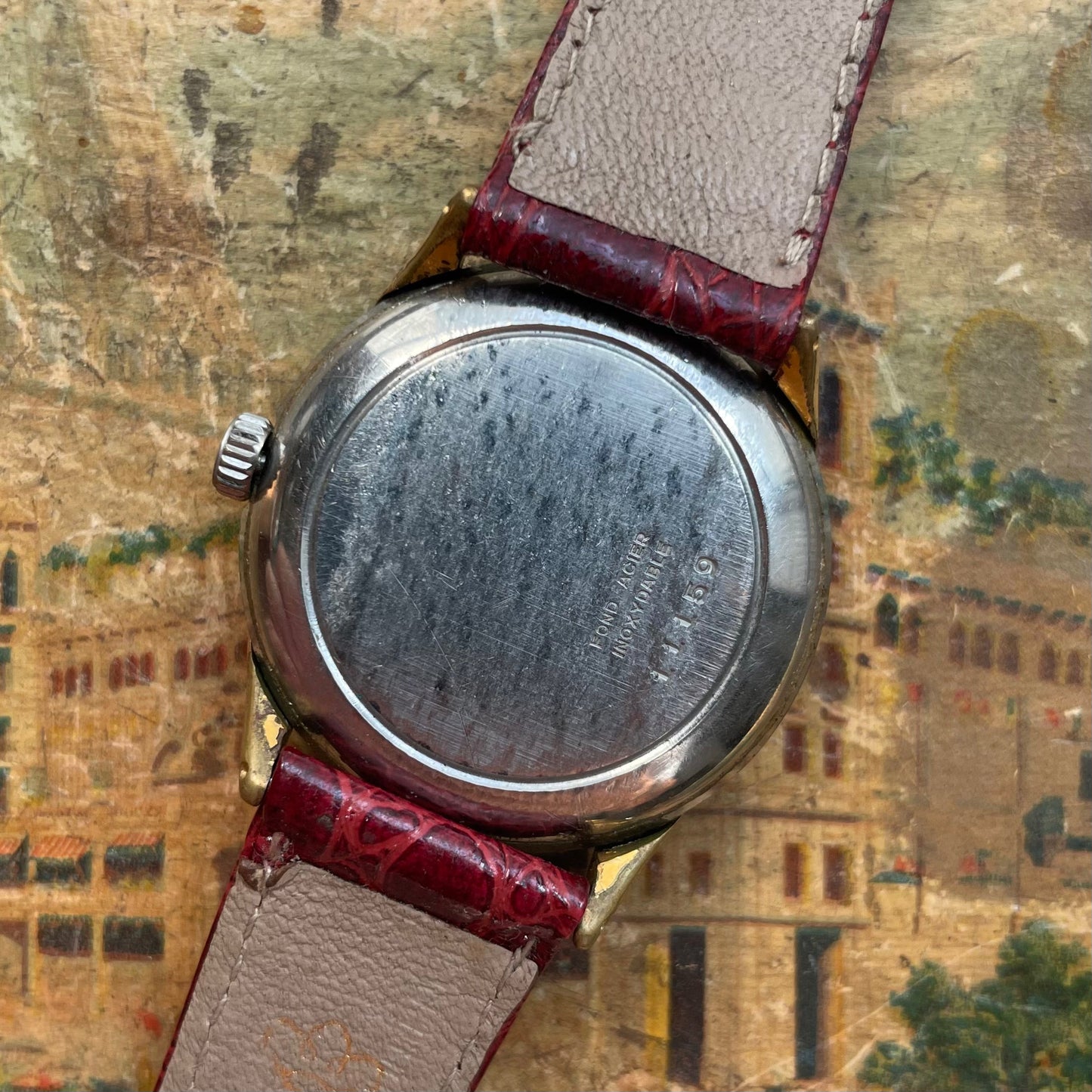 Vintage Herma Watch aus den 1950er Jahren in Stahl mit goldenen Hörnern und Krokodil -Lederarmband