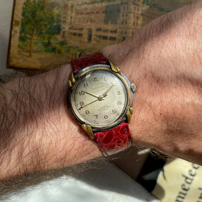 Vintage Herma Watch aus den 1950er Jahren in Stahl mit goldenen Hörnern und Krokodil -Lederarmband