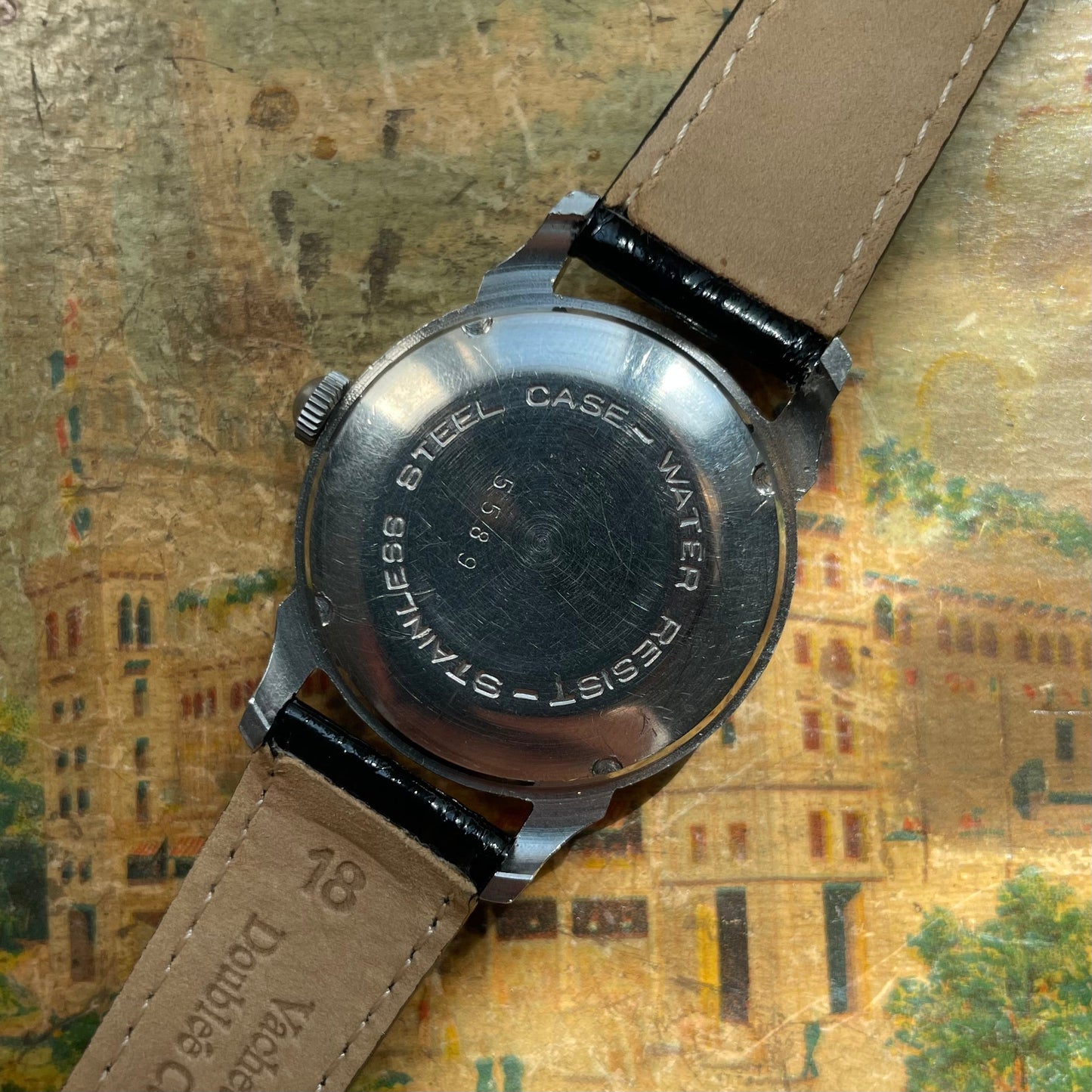 Suja Steja Watch από τη δεκαετία του 1960, Manual Mechanics, White Dial, Black Leather Bracelet, άριστη κατάσταση