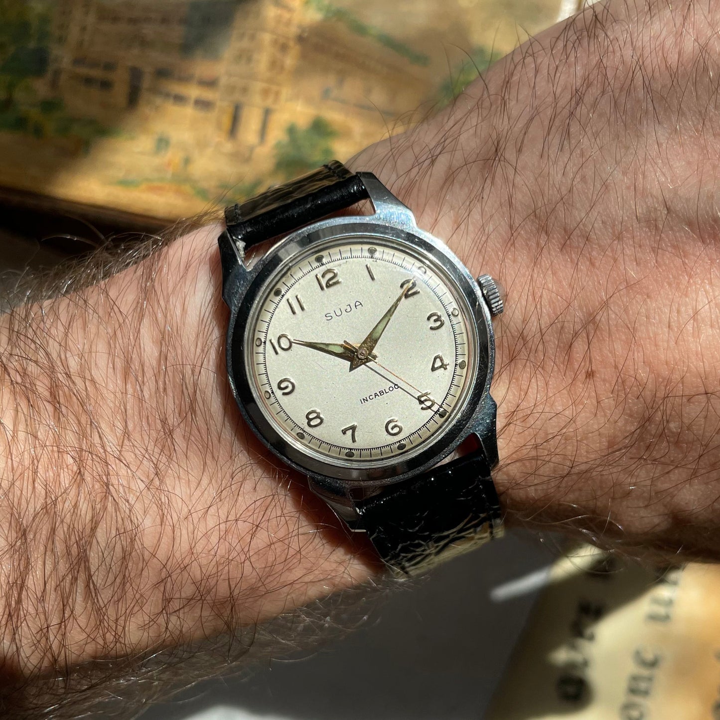 Suja Steja Watch από τη δεκαετία του 1960, Manual Mechanics, White Dial, Black Leather Bracelet, άριστη κατάσταση