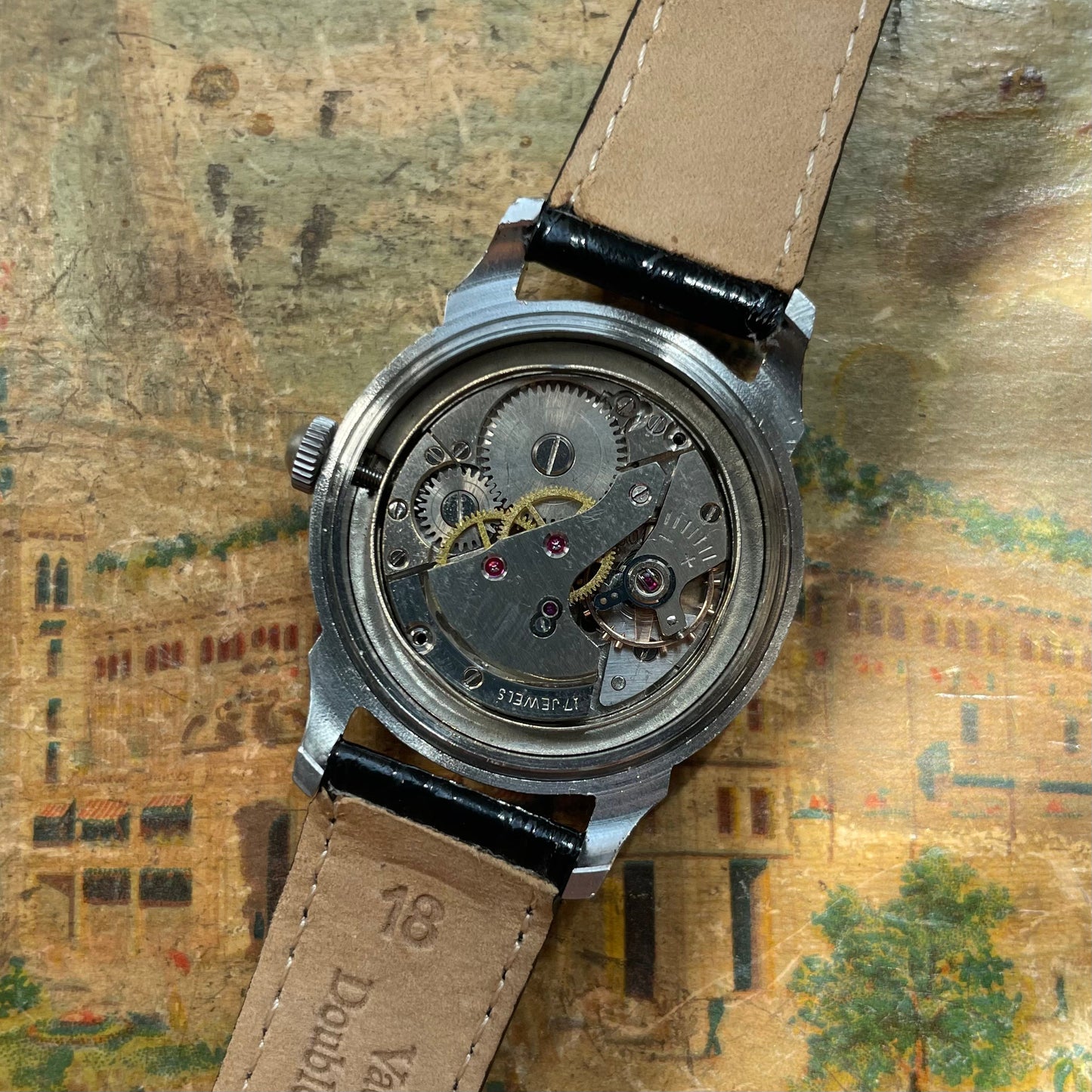 Suja Steja Watch από τη δεκαετία του 1960, Manual Mechanics, White Dial, Black Leather Bracelet, άριστη κατάσταση