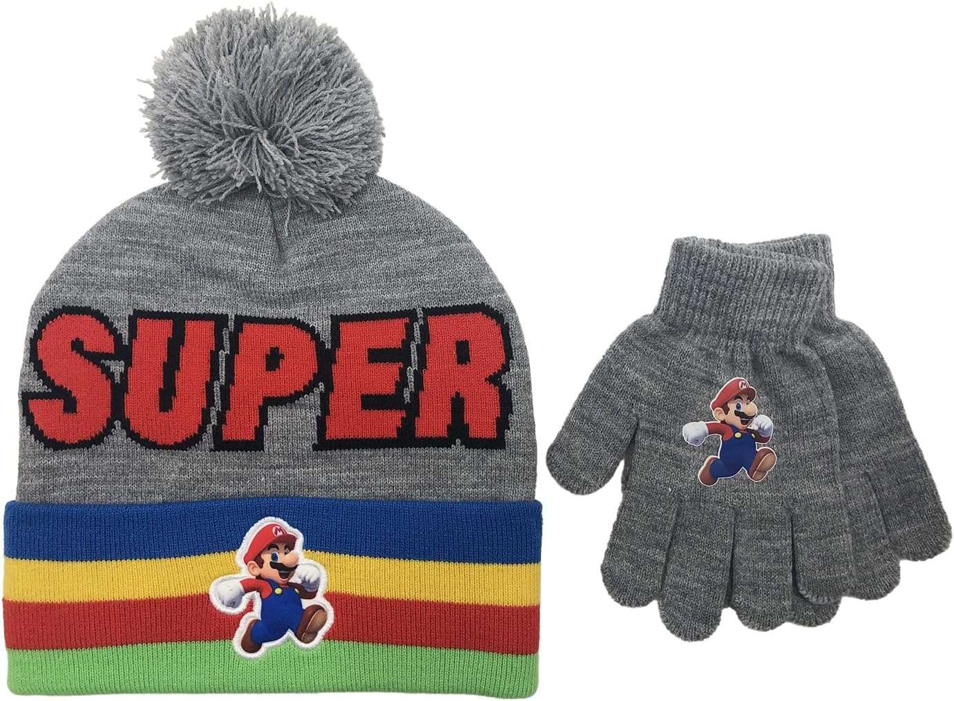 Mario Beanie And Gloves Striped Grey - Super Mario Bros