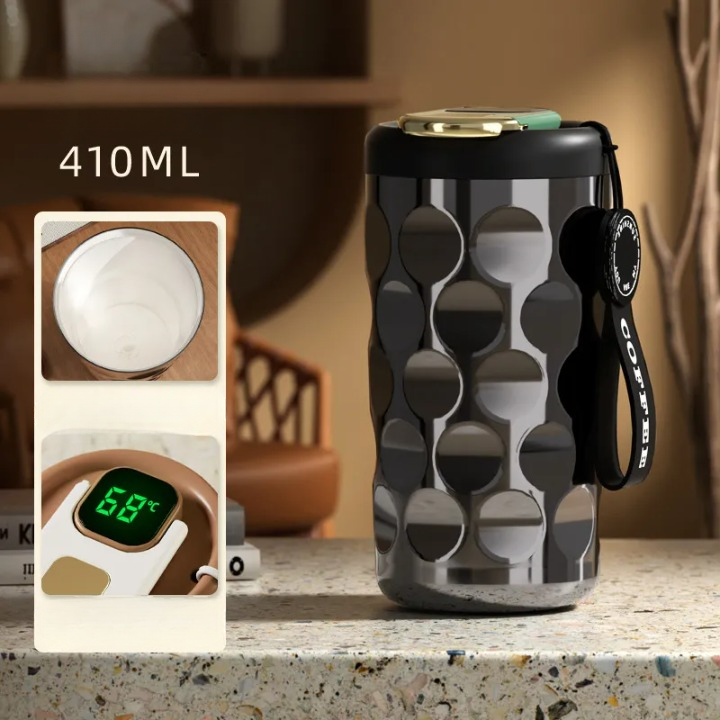 Gourde Thermos Café Élégante avec Affichage LED et Poignée en Cuir