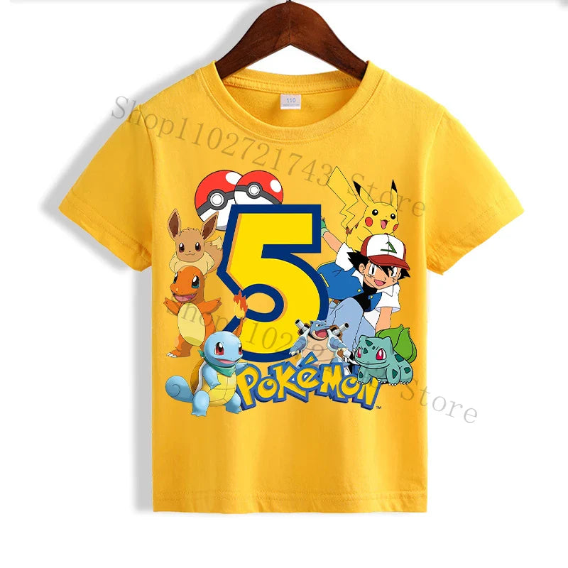 T-shirt d'anniversaire personnalisé Pikachu jaune pour enfants