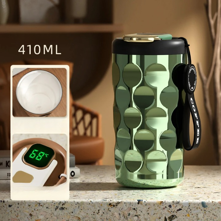 Gourde Thermos Café Élégante avec Affichage LED et Poignée en Cuir