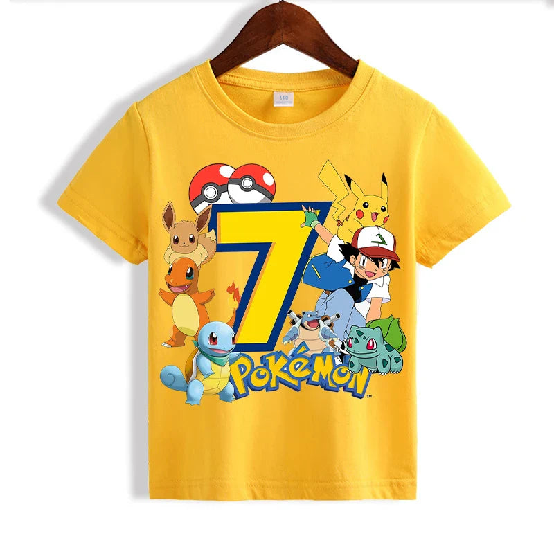 T-shirt d'anniversaire personnalisé Pikachu jaune pour enfants