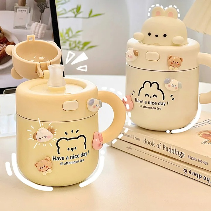 Gourde Bébé Ours Kawaii en Acier Inoxydable avec Paille