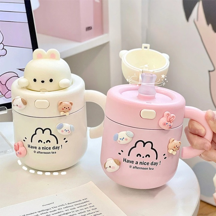 Gourde Bébé Ours Kawaii en Acier Inoxydable avec Paille