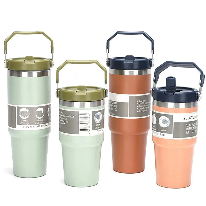 Gourde Thermos Chic avec Paille et Gobelets en Acier Inoxydable