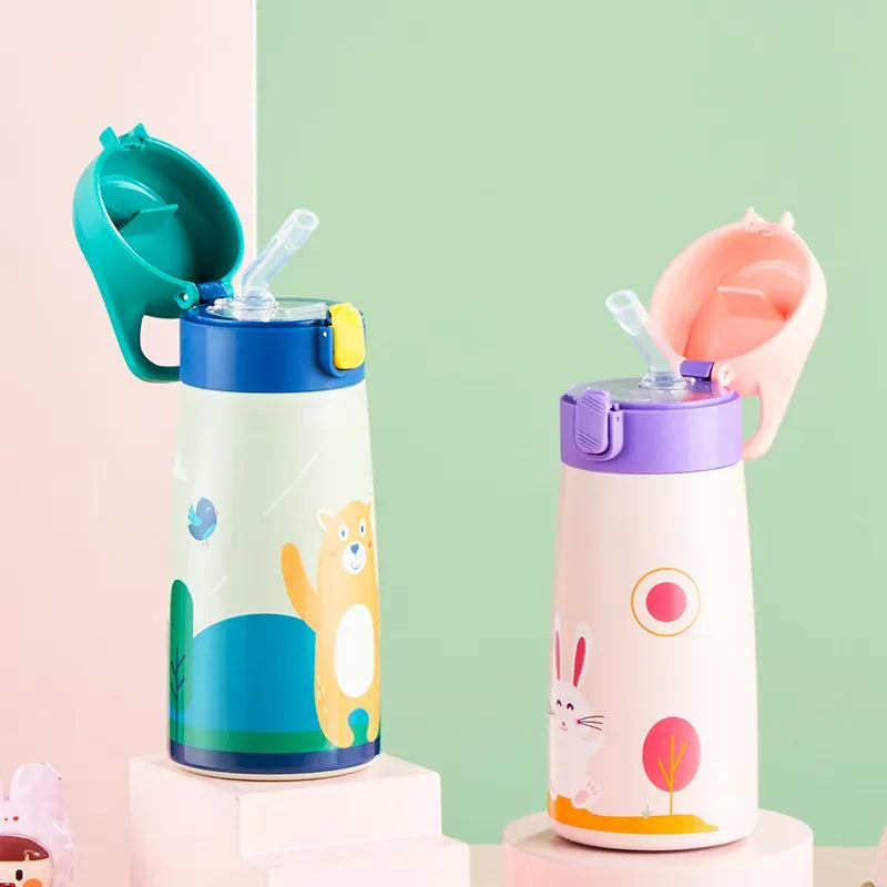 Gourde Enfant Isotherme 350 Ml avec Paille et Motifs Ludiques