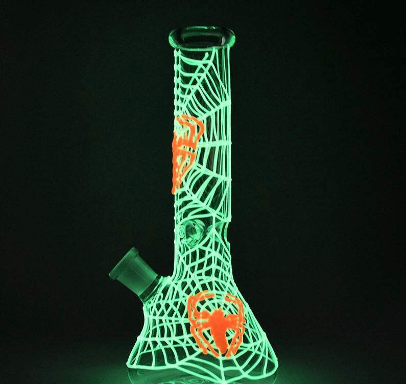 Bang en Verre Fluorescent Halloween 25 cm avec Système Ice et Décor Araignée