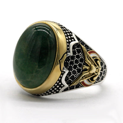 Bague Vintage Homme en Or et Argent avec Pierre Verte