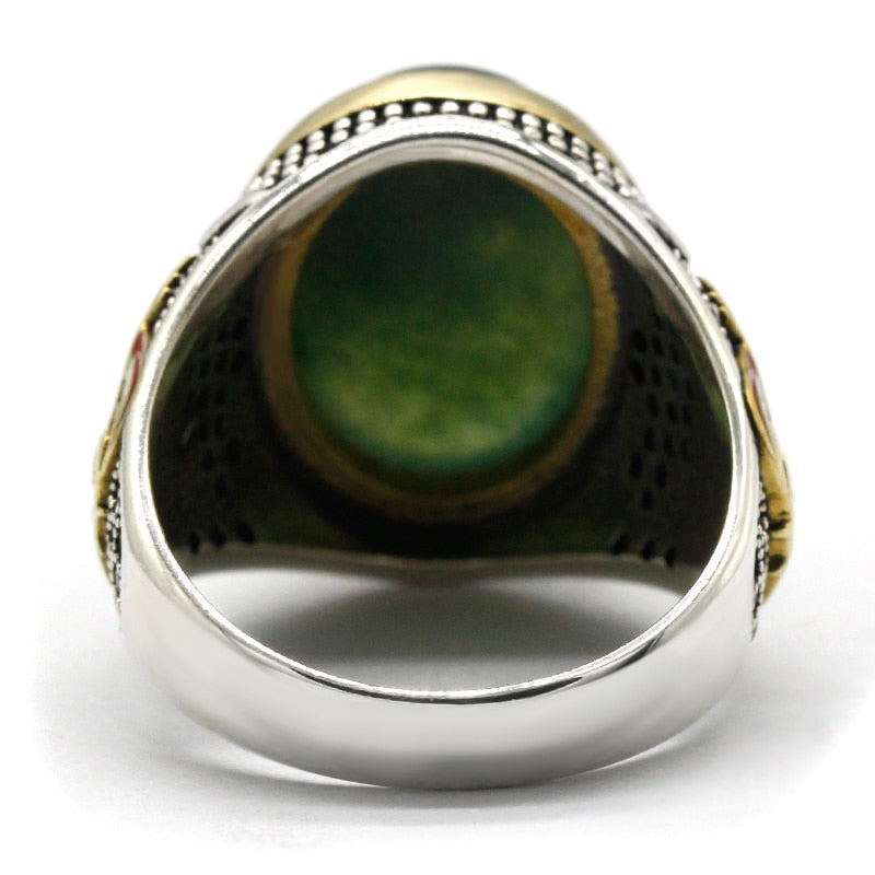 Bague Vintage Homme en Or et Argent avec Pierre Verte