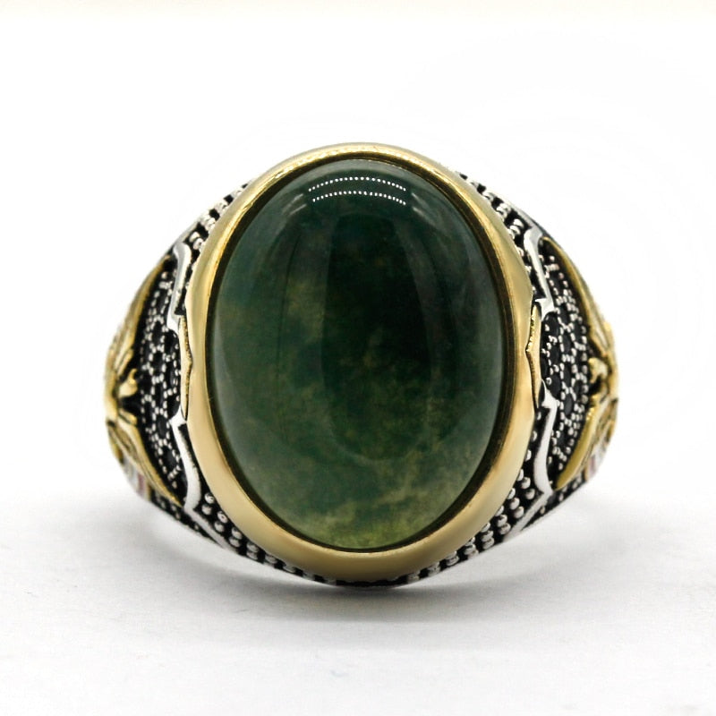 Bague Vintage Homme en Or et Argent avec Pierre Verte