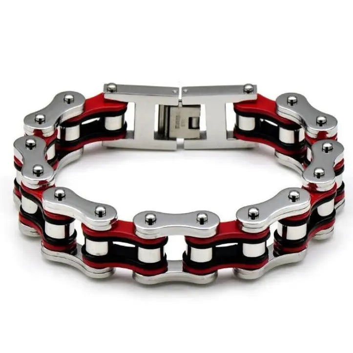 Bracelet Chaîne de Moto Argent et Rouge