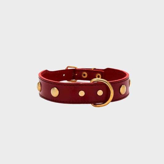 Collana in pelle per cani - rosso con unghie rotonde dorate