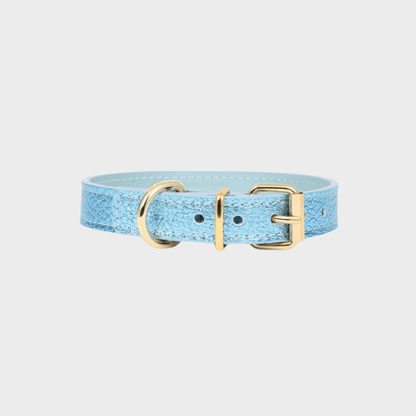 Hundläderhalsband - Sky Blue Metal