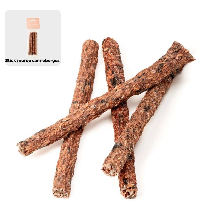 friandises naturelles pour chien Eli en forme de sticks de morue séchée et cranberries