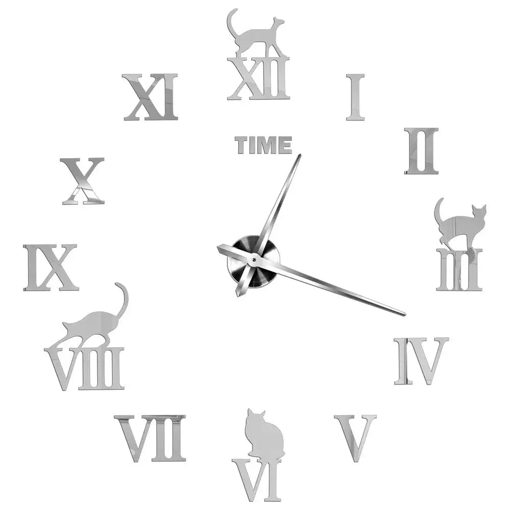 Horloge Sticker Chat - Argent / 60-90cm