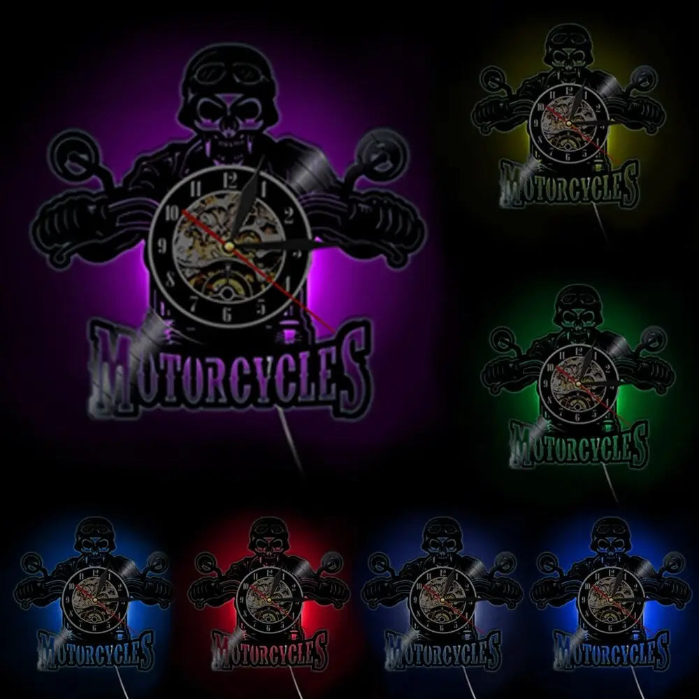 Horloge Vinyle Motard Tête de Mort Led