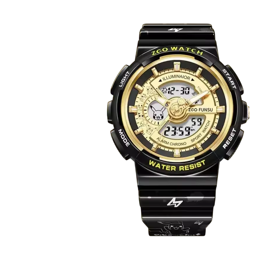 Montre Pikachu noire & dorée – Double affichage analogique et numérique