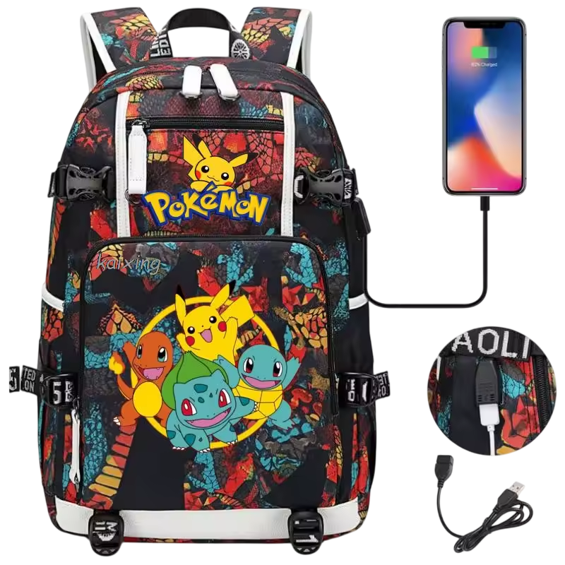 🎒 Sac à Dos Pokémon avec Port USB – Pikachu & Friends / Motif Graphique