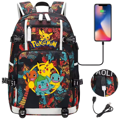 🎒 Sac à Dos Pokémon avec Port USB – Pikachu & Friends / Motif Graphique