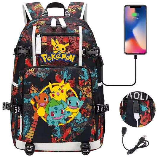 🎒 Sac à Dos Pokémon avec Port USB – Pikachu & Friends / Motif Graphique