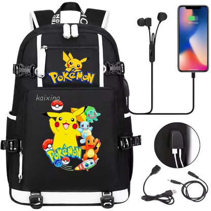 🎒 Sac à Dos Pokémon avec Port USB – Pikachu & Friends / Motif Graphique